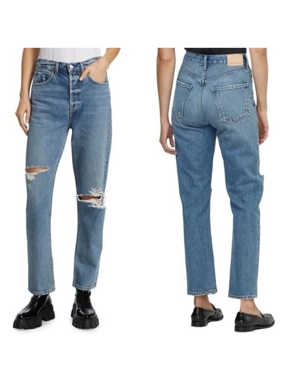 Citizens of Humanity Sabine High Rise Straight Distressed Jeans in Blue Sz 25